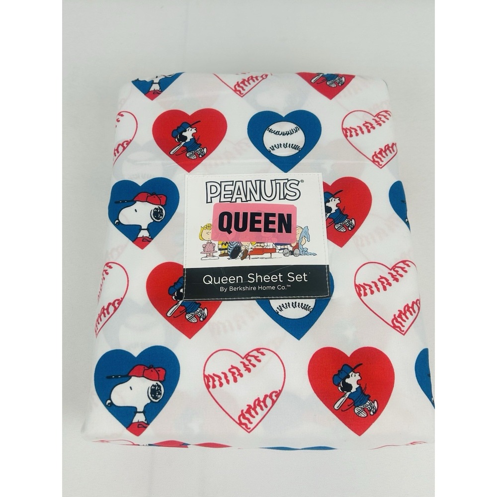 Peanuts Snoopy & Lucy Baseball Hearts QUEEN Sheet Set By Berkshire 4 Piece Set